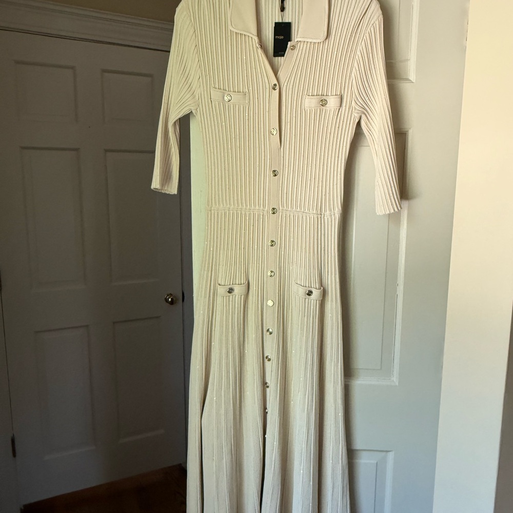 Maje NWT Cream Shimmer Ribbed Knit Maxi Dress Gold Buttons US 10 (EU 42) - Picture 4 of 8